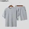 Mens Tracksuits Men Sets Solid Color Streetwear Folds Short Sleeve T Shirt Elastic Waist Shorts Two Pieces Men Casual Suits S5XL INCERUN 230713