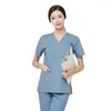 Women's Two Piece Pants Beauty Salon Women Solid Color Uniforms Suits Beautician Female V Neck Working Clothing Dentist Clinc Workwear Sets