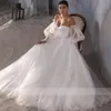 Vintage grânulo espaguete cinta casamento vestidos de noiva boné manga uma linha robe de mariee fora do ombro inchado vestido de noiva 326 326