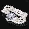 Horloges L5YC Dames White Pearl String Strap Wrap Wrist Watch Crystal Accented Beads Style