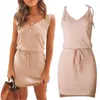 Casual Jurken 2023 Zomer Dames V-hals Lace-Up Strap Backless Mouwloos Mini Wrap Dres 10CE