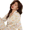 Women's Sleepwear Thin Ice Silk Pajamas For Women With Platinum Kapok Print Long-sleeved Loungewear Woman Pijama Set