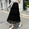 تنورات الأزياء الدانتيل المرقع كيك الطبقات طويلة تنورة النساء Femme الأنيقة القديمة الفرنسية A-LINE Hepburn Style Black Jupe P363