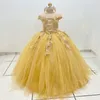 Żółte vestido de 15 Anos Princess 3dflower Girls Dress Applique koronka Tull z ramiona meksykańska suknia dziecięca koralika pierwsza komunia