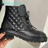 100% real leather Quilted Ankle Boots Womens Flat Boots luxury Designer Biker Platform Flats Combat Boots Low Heel Lace Booties Leather size 35-42