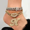 Anklets Iced Out Bling Cursive A-Z Letter Cuban Chain Anklet For Women 13MM Link Initials Party Jewelry Hiphop