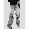 Streetwear Vintage Zerrissene Malerei Prozess Jeans Frauen Sommer Hohe Taille Hip Hop Schlitz Baggy Hosen Retro Gerade Denim