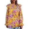Kadın bluzları kadın sonbahar puf uzun kollu tişörtler boyun üstleri bohem çiçek baskısı kokulu manşetler tunikler dropship