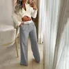 Pantalones de dos piezas para mujer Waytobele Conjunto de mujer Moda Sólido Manga larga Solapa Cuello en V Alto Un solo botón Top corto Suelto con bolsillos Conjuntos 230712