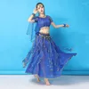 Bühnenkleidung, Halloween-Kleidung, Bauchtanz-Kostüm, Sari, Bollywood-Set, Damen-Outfit, Festival, Leistung, Chiffon