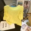 여성용 스웨터 스프링 느슨한 짧은 슬리브 중공 디자인 풀오버 스웨터 여름 라운드 목 구슬 단색 캐주얼 마모