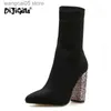 Bottes Nouveau Automne Hiver Stretch Tissu Femmes Cheville Haute Chaussons Bout Pointu Scintillant Carré Talons Hauts Bottes Courtes Chaussure Drop Ship T230713