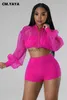 Womens Two Piece Pants Dome Cameras CMYAYA Fashion Womens Set Zipper Fly See Though Oganza Crop Top and Shorts Suit 2023 Street Two 2 Piece Set Outfit Tracks J230713