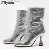 Boots Eilyken Fashion Design Round Toe Women Ankle Boots High Heels Green Silver Sexy Nightclub Slip On Lady Chelsea Shoes Handmade T230713