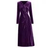 Sukienki zwykłe sprzedawcy Hurtowe ubrania fioletowe/szary aksamitne kryształowe stadded v-dekolt Długie rękaw z okręgiem midi błyszcząca sukienka