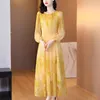 Casual Dresses French Yellow Long Sleeve Dress Mother's Summer 2023 Fashion Style Waistband Elegant Slim Printed Silk For Ladies Z2070