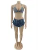 Damen Zweiteilige Hosen Adogirl Jeans Zweiteiliges Set 2022 Sommer Frauen Bikini Anzug Schnür-BH Top Quaste Micro Mini Shorts Mode Nachtclubwear Outfit J230713