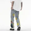 Jeans för män Kinesisk målning Broderad Patch Denim Rippad för män Streetwear Tvättad Förstörd Plisserad Rak Jean Hane Tofsar 230712