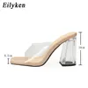 Sandaler Eilyeken Green PVC Transparent Jelly Women's Slide Street Style Open Toe Crystal Tjock High Heel Party Slide 230713