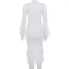 Casual Dresses Women Sexy Arrival 2023 White Long Sleeve Feathers Celebrity Bandage Dress Mesh Patchwork Vestidos Knee Length Party