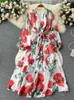 Casual Jurken Zomer Siciliaanse Bloem Chiffon Jurk Vrouwen Sexy V-hals Stropdas Veters Rode Bloemenprint Strand Lange Mouw Vestidos Runway Outfits