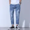 Jeans masculinos de nove pontos rasgados de jeans arruinou elasticidade solta harlan rlq1