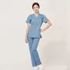 Women's Two Piece Pants Beauty Salon Women Solid Color Uniforms Suits Beautician Female V Neck Working Clothing Dentist Clinc Workwear Sets