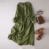 Sukienki swobodne 2023 Kobiety w stylu chiński w stylu vintage etniczny haft bawełniany midi sukienka elegancka moda koronkowa elegancka ropa z długim rękawem