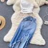 Two Piece Dress Summer Women 2 Set Sexy One Shoulder Crop Top High Waist Button up Denim Skirts Korean Office Lady Sleeveless Suits 230712