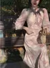 Vestidos casuales Primavera Color puro Elegante gasa Midi Vestido Mujer Outwear Francés Vintage Mujer Una pieza Coreano Chic