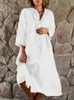 Urban Sexy Dresse Vintage Cotton Linen sukienki 2023 Summer Casual zapinana na guziki jednolita, długa rękaw Midi damska luźna elegancka sukienka koszulowa 230712