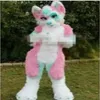 Costume Profession fait rose longue fourrure fourrure renard loup Husky chien mascotte Costume Fursuit adulte dessin animé noël party251v