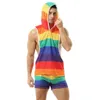 Débardeurs pour hommes 2023 Rainbow Hooded Mesh Respirant Sexy Vneck Gilets Hommes Shorts Streetwear Tee Sports Fitness Singlets 230713