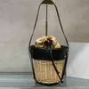 Woven Bucket Bags Women Designer Handbag Purse Hollow Out Drawstring Cowhide Edging Beach Bag Detachable Canvas Lining Drawstring Closure 7 Colours Tote