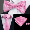 Gravata alta moda masculina gravata borboleta floral rosa tecido com abotoaduras de lenço para vestido de noiva masculino terno LH-0702 D-0379243t