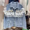 Jaquetas femininas coreanas com miçangas doces, lantejoulas, renda, babados, costura, jaqueta jeans feminina elegante, lapela solta, casaco jeans, roupas de primavera, outono