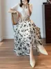 Skirts Mesh Floral Women Spring Summer Long Gauze Skirt High Waisted Fashion Casual Middle Length Elegant Mujer Printing