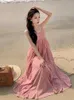 Abiti casual Donna Summer Bretella Senza maniche Sexy Chiffon Party Beach Dress Pink Backless Ruffle Edge Scollo a V Holiday Fairy Sundress