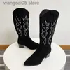 Boots Embroidered Western Boots For Women Cowboy Cowgirls Fashion Chunmy Heel Slip On Desiger Brand Shoes Black Pointed Toe Boots T230713