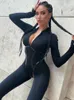 Kvinnors jumpsuits Rompers Mozion Black Sexy Bodysuit Women's Top O-Neck Full Sleeve Zipper Sports Bodysuit Women's Fashion Bodysuit 230713