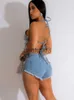 Calças femininas de duas peças Beyprern Beautiful Fly Crystal Denim Shorts Conjunto de duas peças New Chic sem mangas amarrar nas costas Butterfly Jeans Conjunto de agasalho Rave Wear J230713