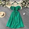 Casual Dresses Blue Yellow Fashion High Street Midi Long Dress Women Hollow Out Sexy Strapless Backless Beach Vacation Robe SR752