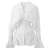 Women's T Shirt Elegant Women Loose White V Neck Pleated Shirts Female Lantern Full Sleeve Tops Blouses Casual Blusas 2023 Spring Autumn DS4 230712