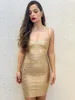 Casual Dresses Beaukey 2023 Vintermetallisk guldklänning Bandage Kvinnor Spaghetti Runway Folieing Sexig Party Club Mini Cross XL Vestidos