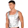 Herrtankstoppar mens u nack ärmlöst väst mode blixtlås patent läder topp våt look clubwear pol dans rave outfit