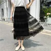 Skirts Fashion Lace Patchwork Cakee Layered Long Skirt Women Femme Elegant Vintage French A-line Hepburn Style Black Jupe P363