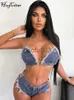 Kvinnors tvåbitar byxor Hugcitar Summer Women Vintage Denim 2 Piece Set Chain Halter Crop Top Lace Up trosor Festival Clothing Club Y2K Outfits Matching J230713