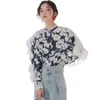 Women's stand collar lace patched batwing sleeve loose print flower blouse shirt SML