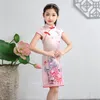 Été Chinois Fleur Imprimer Soie Qipao Enfants Bébés Filles Robe De Princesse Traditionnelle Cheongsam À Manches Courtes Rétro Vintage Vestido209m