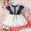 Robes de fille Toddler Girls Summer A-line Dress Manches courtes O Neck Lace Floral Tulle Patchwork Avec Ceinture